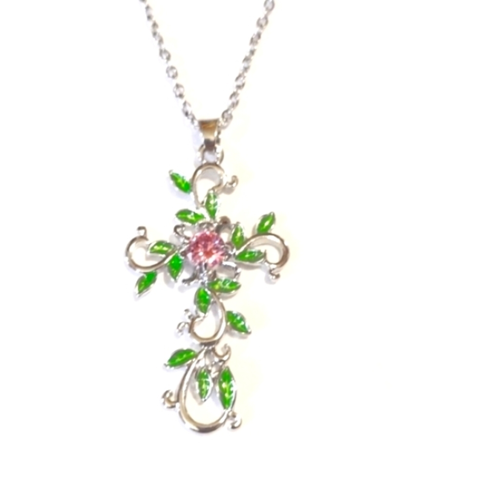 SILVER-PLATED GREEN ENAMEL LEAF FLORAL CROSS PENDANT RELIGIOUS 20" NECKLACE-NWOT - Picture 5 of 10